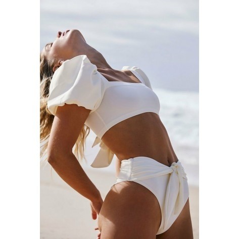 Puff Sleeve High Waist Self Tie Bikini Swimsuit - Two Piece Set