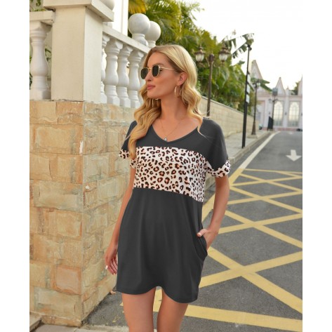 Leopard Splicing Loose Shirt Dress
