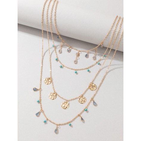 Boho Beauty Gold and Turquoise Tassel Pendant Layered Necklace