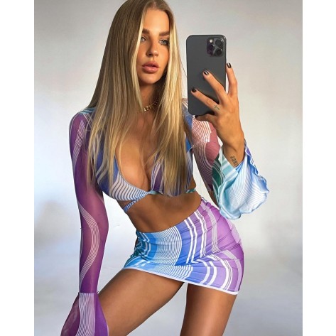 Wavy Stripe Tie Front Long Sleeve Bikini Swimsuit - Three Piece Set