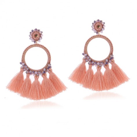 Drop a Line Coral Beaded Teardrop Tassel Earrings