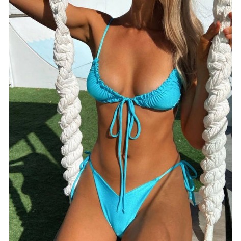 Knotted Strap Halter Sliding Triangle Bikini Swimsuit - Two Piece Set