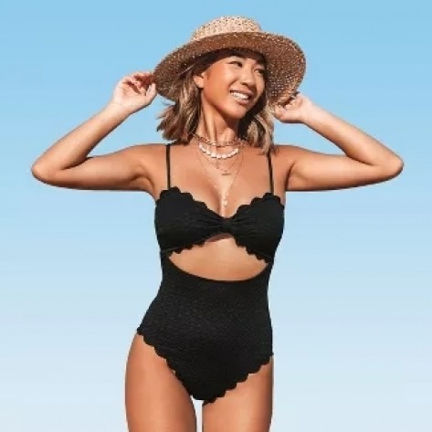 black knotted scalloped one piece swimsuit