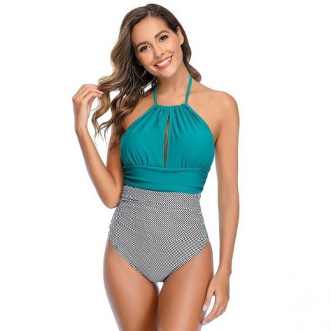 halter striped one piece halter plunge swimsuit