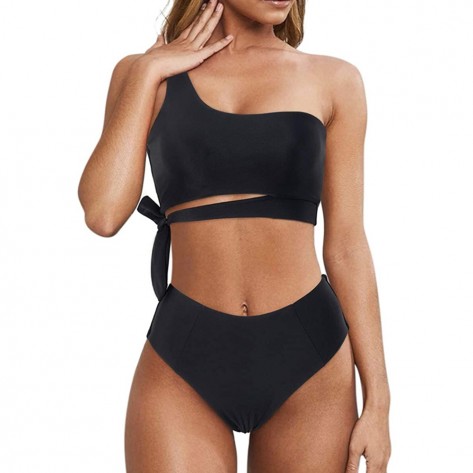 one shoulder tie solid black high waisted bikini