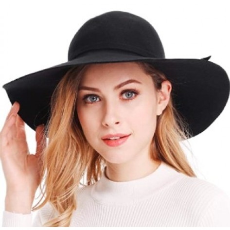 wide brim wool ribbon band floppy hat black