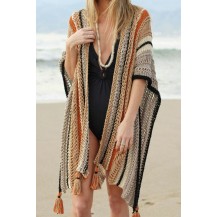 Leisure Contrast Panel Stripe Tassel Crochet Knit Cape Cover Up
