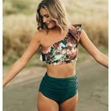 Floral One Shoulder Ruffle High Waisted Bikini