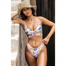  Boho Floral Print High Leg Wrap Bikini Swimsuit - Two Piece Set
