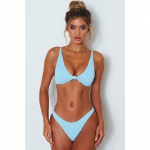  Ribbed High Leg Knotted Bikini Swimsuit - Two Piece Set