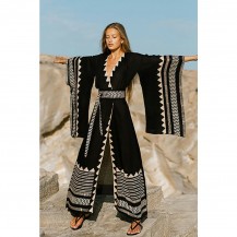Bohemian Geometric V Neck Belted Split Front Wrap Maxi Cover Up
