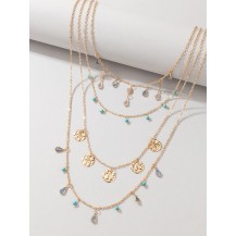 Boho Beauty Gold and Turquoise Tassel Pendant Layered Necklace