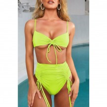  High Waisted Drawstring Ruched Thong Bikini Swimsuit - Two Piece Set