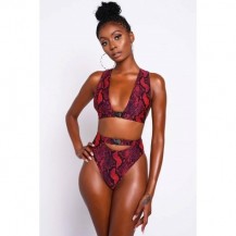  Snake High Waist Plunged Neck Thong Bikini Swimsuit - Two Piece Set