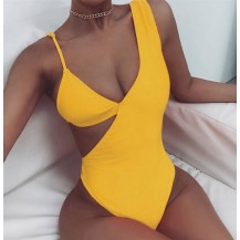 Asymmetric High Leg Ribbed Cutout One Shoulder One Piece Swimsuit