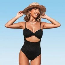 black knotted scalloped one piece swimsuit