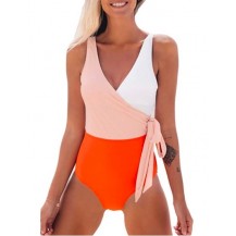orange white wrap color block tie side bathing suit