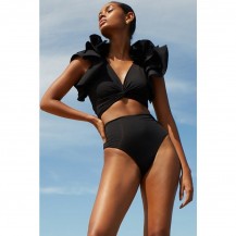 Tiered Ruffled High Waist Twist Deep V Bikini Swimsuit - Two Piece Set