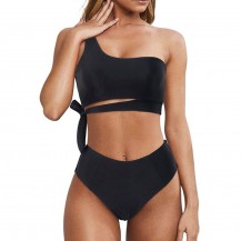 one shoulder tie solid black high waisted bikini