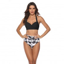 black retro halter ruched tummy control high waisted bikini