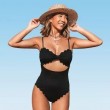 black knotted scalloped one piece swimsuit