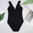 solid black plunge v neck ruffle one piece