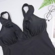 solid black v-neck ruffle plunge one piece swimsuit