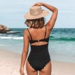  solid black scalloped cutout one piece swimwear