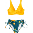 Yellow And Blue FLORAL Print Front Cross Lace Up  Bikini